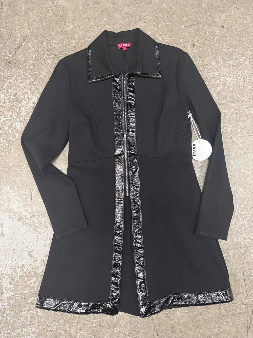 STAUD Black Longline Trench Coat with Patent Trim - Picture 2 of 7